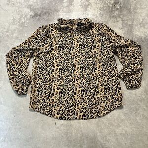 J.Crew Blouse Womens Large Ruffle‎ Neck Leopard Print Long Sleeve Style AJ555